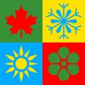 Season pictograms in squares, winter Ã¢â¬â snowflake, spring Ã¢â¬â flower, summer - sun, autumn Ã¢â¬â leaf. Royalty Free Stock Photo